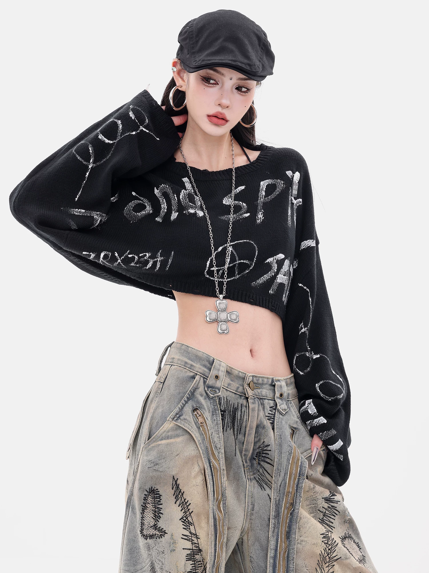 ABWEAR Letter Game - Trang phục đầu thu nguyên bản Áo len dệt kim Graffiti Áo len dài tay dáng rộng dành cho nữ