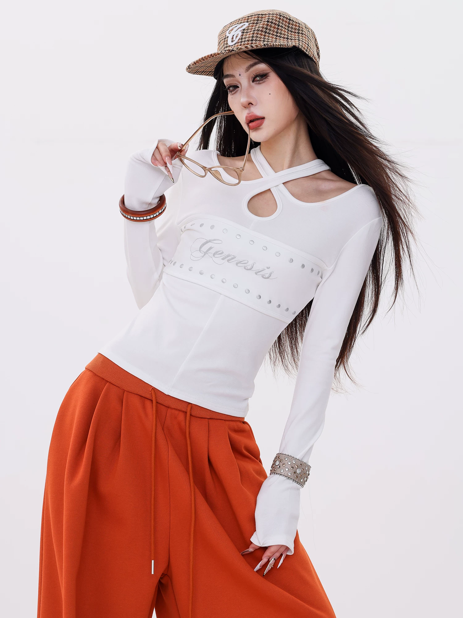 ABWLR Inspiration Time - Áo thun dài tay kiểu chữ phong cách Hot Girl nguyên bản dành cho nữ, kiểu dáng ôm vừa vặn, thiết kế rỗng