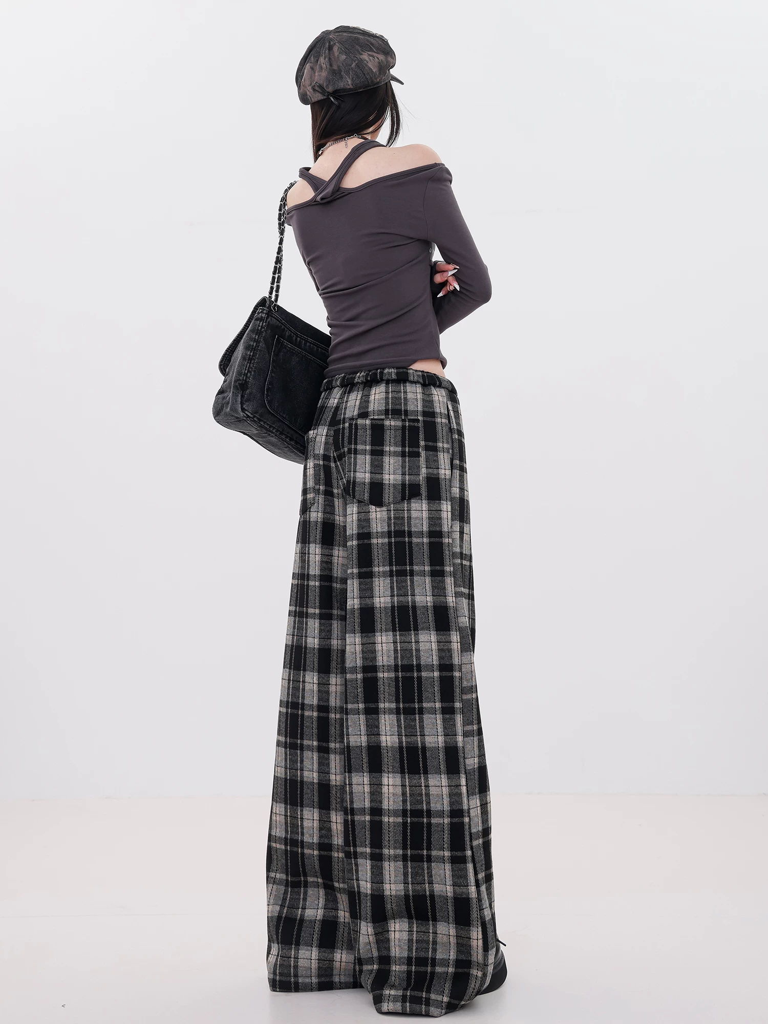 Quần ống rộng phong cách mùa đông ABWLR Velvet - Quần vải dạ kẻ ca rô lót lông cừu, kiểu dáng thường ngày dành cho nữ, mẫu mới 2025, đa năng, dáng thẳng