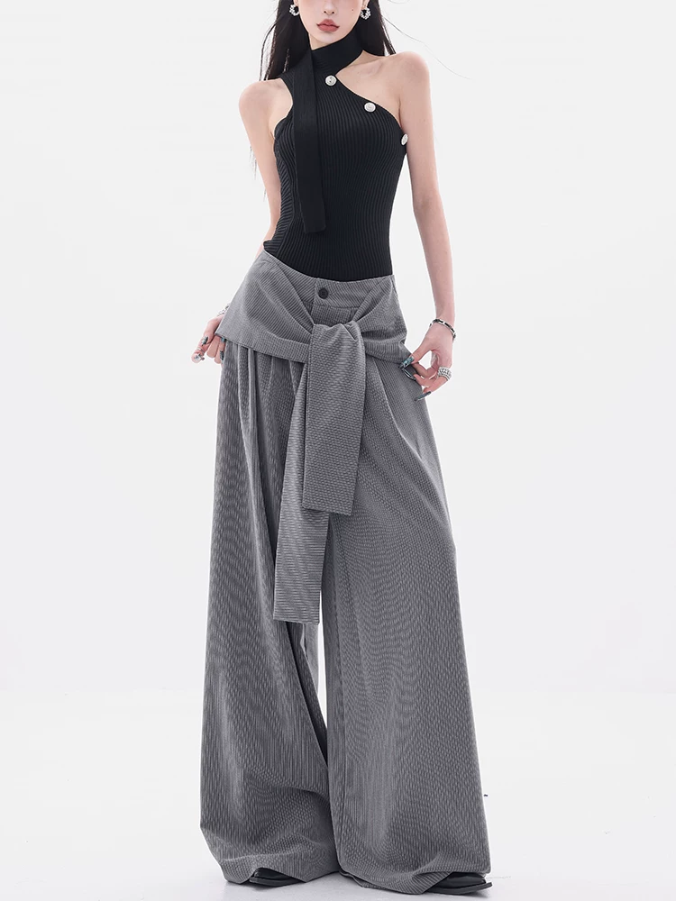 ABWEAR Urban Beauty - Quần thường ngày sọc xám nguyên bản dành cho nữ, thiết kế mùa hè mới, quần ống rộng dáng rộng