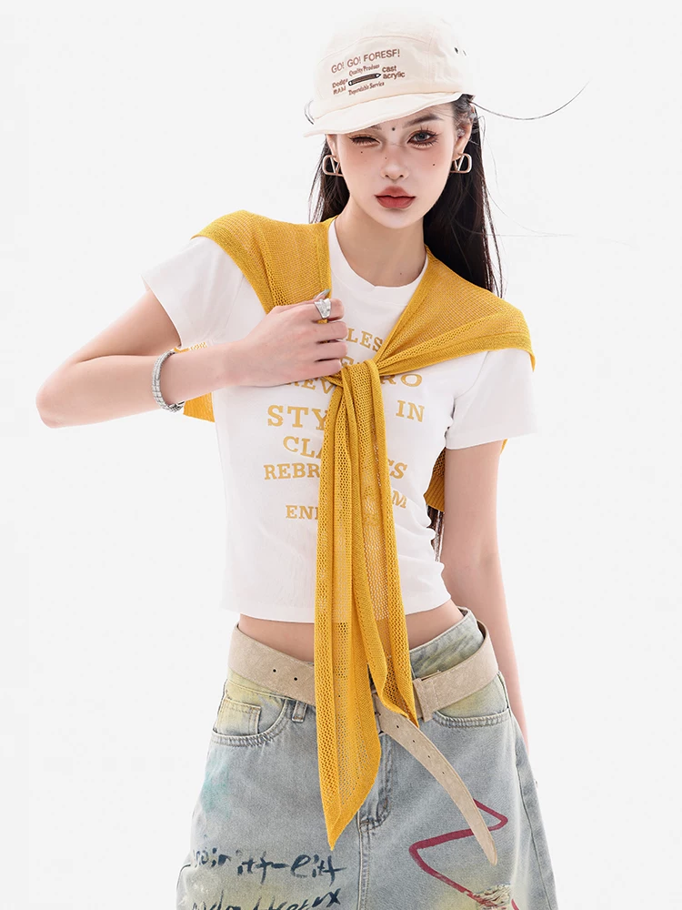 ABWEAR Versatile Sweetheart - Áo ba lỗ in chữ gốc Hàn Quốc dành cho nữ Slim Fit Shawl Top Bộ hai mảnh
