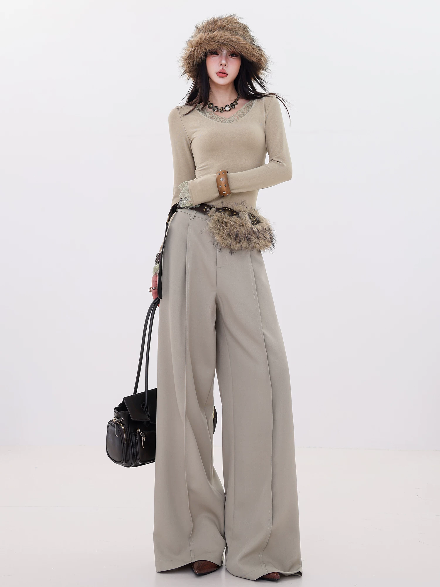 ABWLR Versatile Essential - Quần ống rộng xếp ly lưng cao phong cách đơn giản nguyên bản dành cho nữ, dáng rộng, tôn dáng, quần âu xếp ly