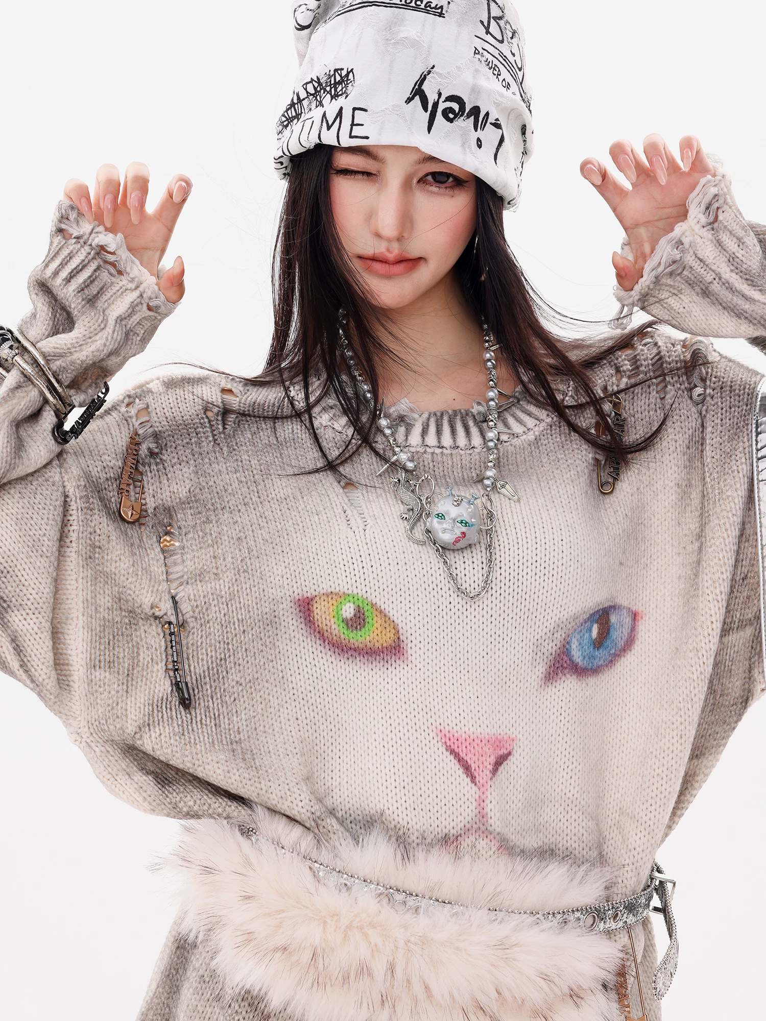 ABWLR Cat Messenger - Áo len kiểu dáng lười biếng dành cho nữ, kiểu dáng lười biếng dành cho nữ, áo dệt kim dáng rộng mới dành cho mùa thu đông.