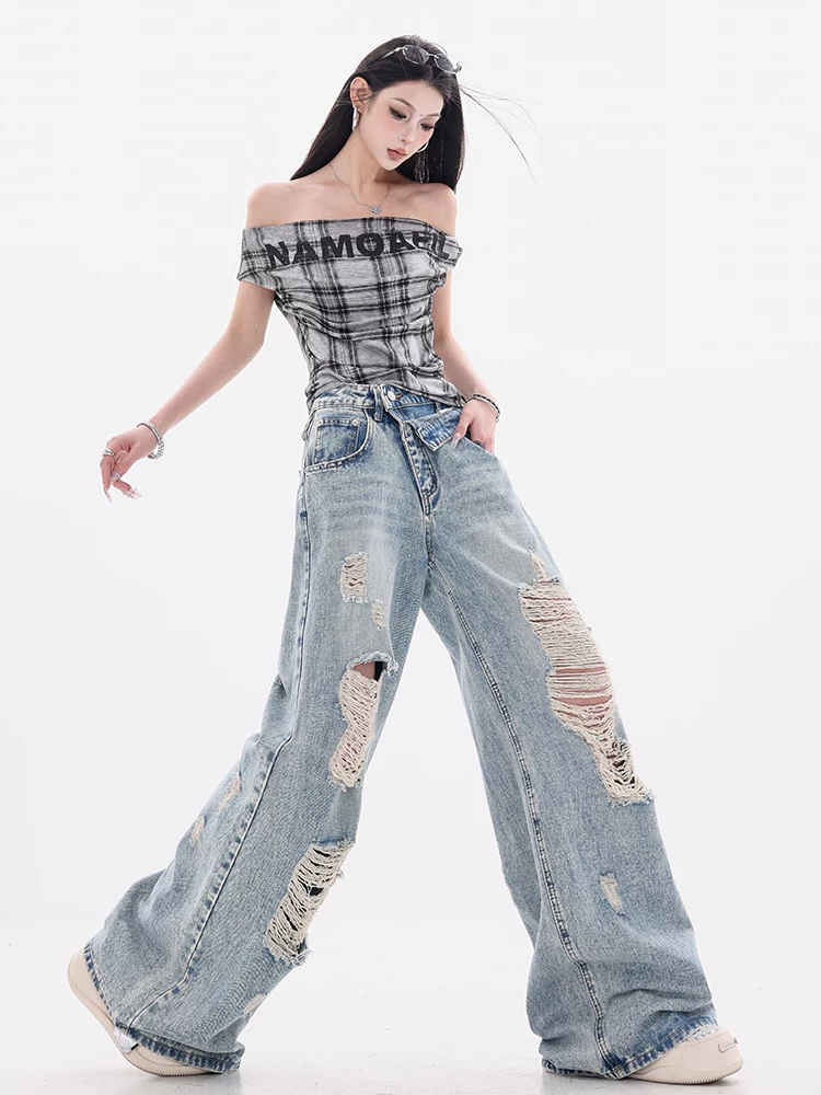 Quần jeans rách phong cách retro Mỹ nguyên bản của ABWEAR dành cho nữ mùa hè 2025, kiểu dáng rộng, ống rộng
