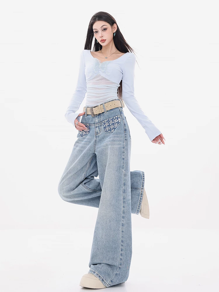 Quần Jeans ABWEAR Heart of the Ocean - Dòng Light Spring nguyên bản đính sequin dành cho nữ 2025, kiểu dáng rộng ống thẳng