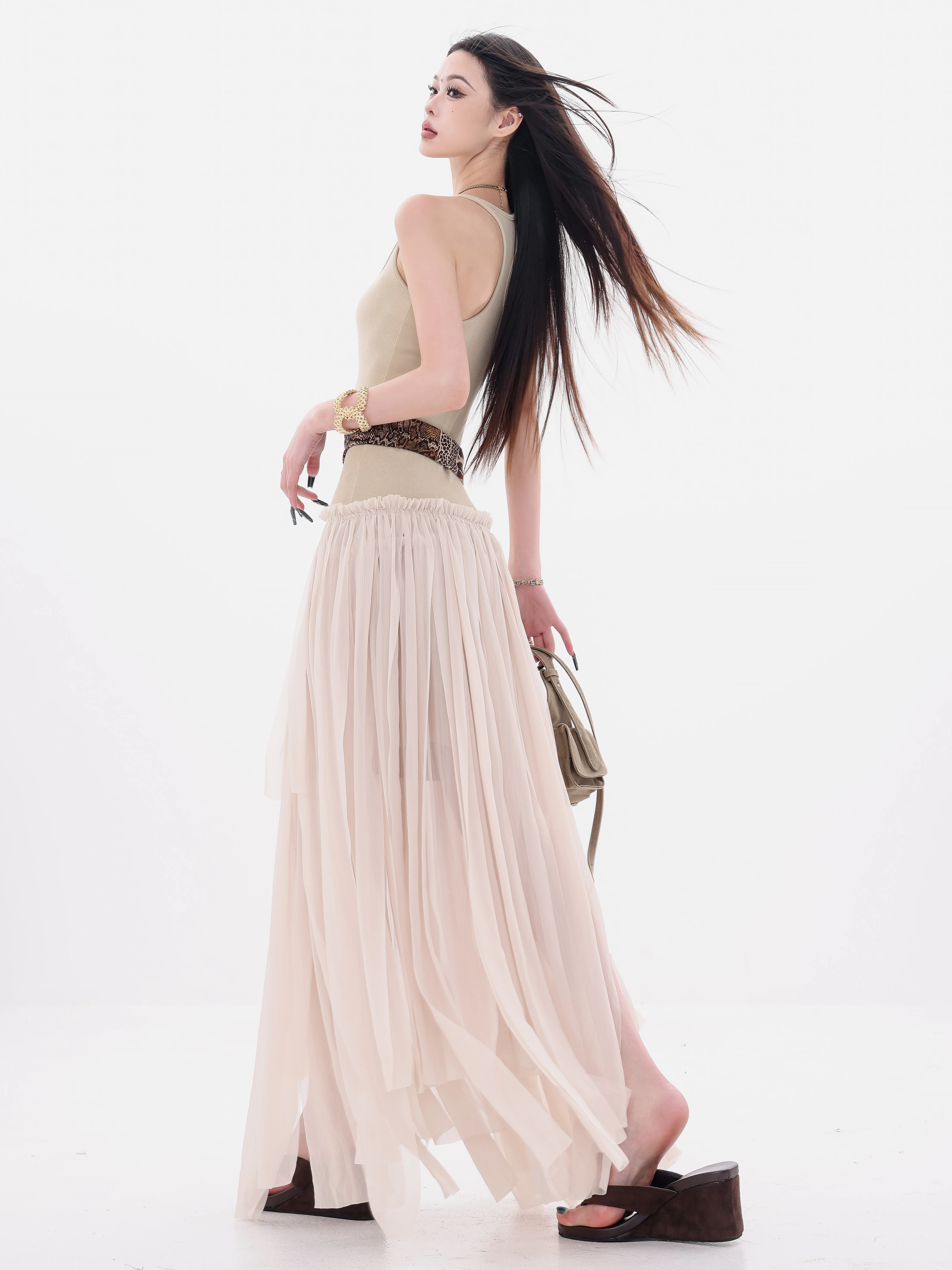 ABWEAR Inspiration Muse - Váy thiết kế ruy băng xếp ly không đều theo phong cách Hàn Quốc nguyên bản dành cho nữ, váy dài ôm eo