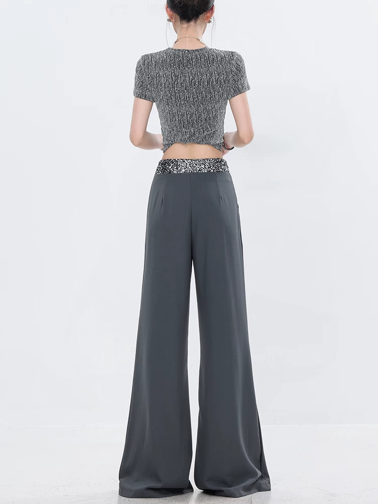 Quần vest màu xám xếp nếp đính sequin nguyên bản của ABWEAR dành cho nữ, phong cách mùa hè mới, dáng rộng, quần ống rộng tôn dáng