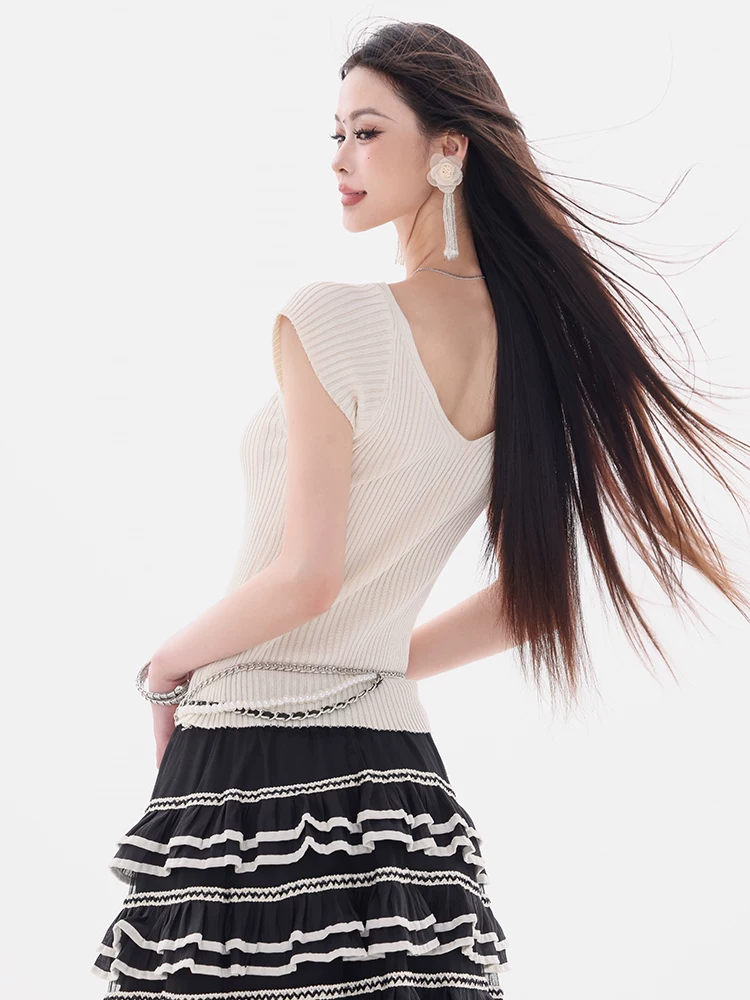 Quy tắc giản dị của ABWEAR - Áo thun ngắn tay dệt kim phong cách lười biếng nguyên bản dành cho nữ