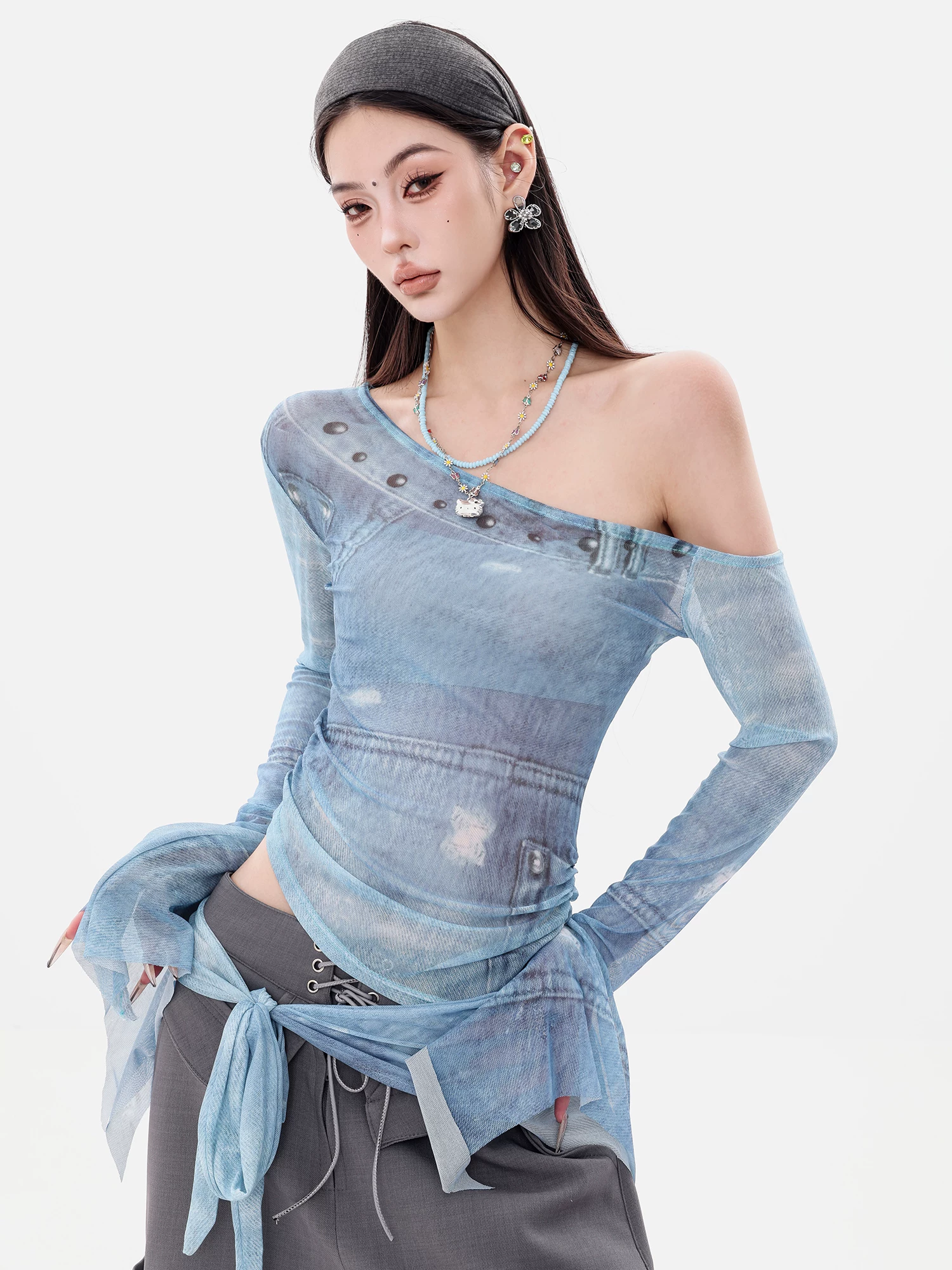 ABWEAR Urban Magazine - Áo thun lưới tay loe lệch vai phong cách hot girl nguyên bản dành cho nữ Thiết kế áo thun ôm vừa vặn