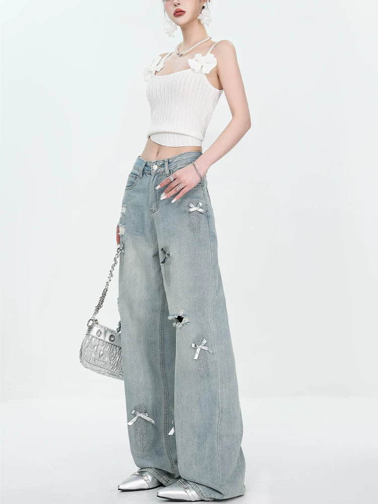 Quần jean ống rộng kiểu dáng vintage màu sắc cổ điển, thiết kế nơ mùa hè mới của ABWEAR dành cho nữ, mỏng và tôn dáng.