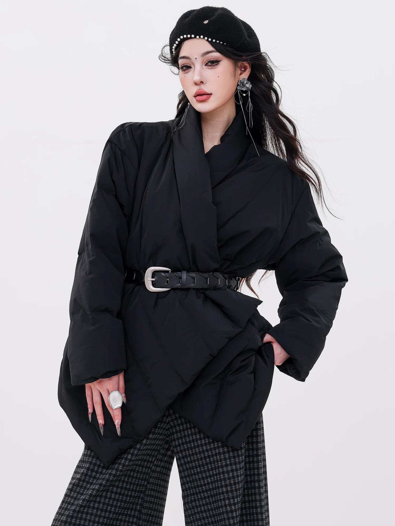 ABWLR Deep Winter Story - Áo khoác cổ đứng có dây buộc thiết kế nguyên bản dành cho nữ, Áo khoác giữ ấm mùa đông có dây buộc eo giúp giảm béo