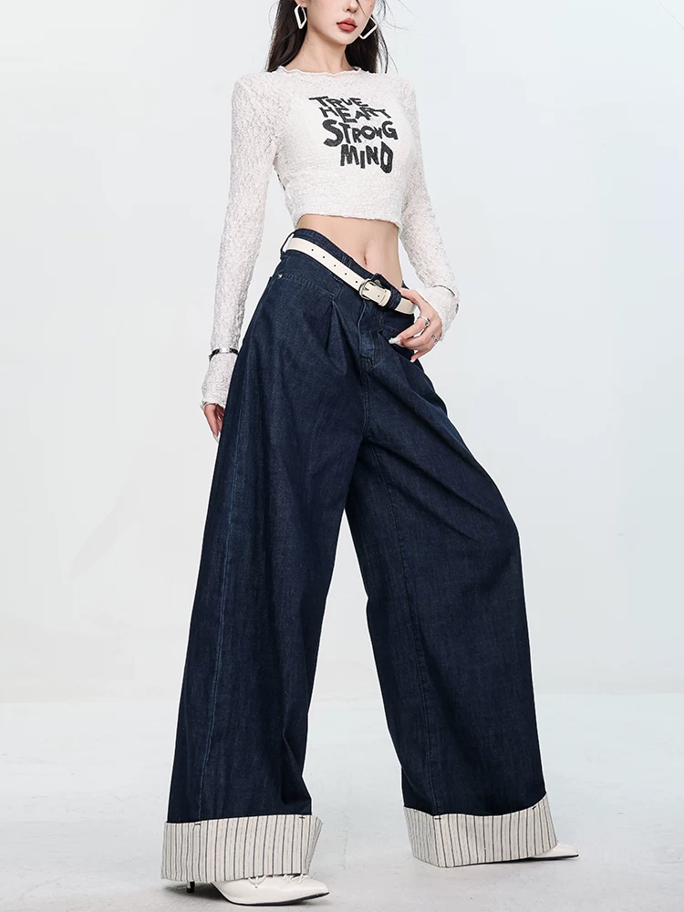 Quần Jean ABWEAR Phong Cách Vintage Mới 2024 Kết Hợp Vải Nhiều Màu, Viền Cuộn Và Ống Rộng Sọc Cho Nữ