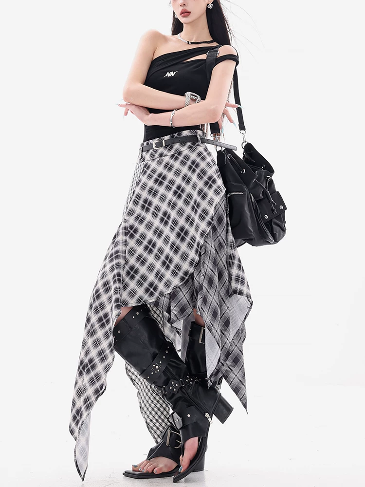 ABWEAR Wind-blown Half-Summer - Váy ba mảnh kẻ sọc đen trắng nguyên bản dành cho nữ với thiết kế bất đối xứng và váy dài cạp cao
