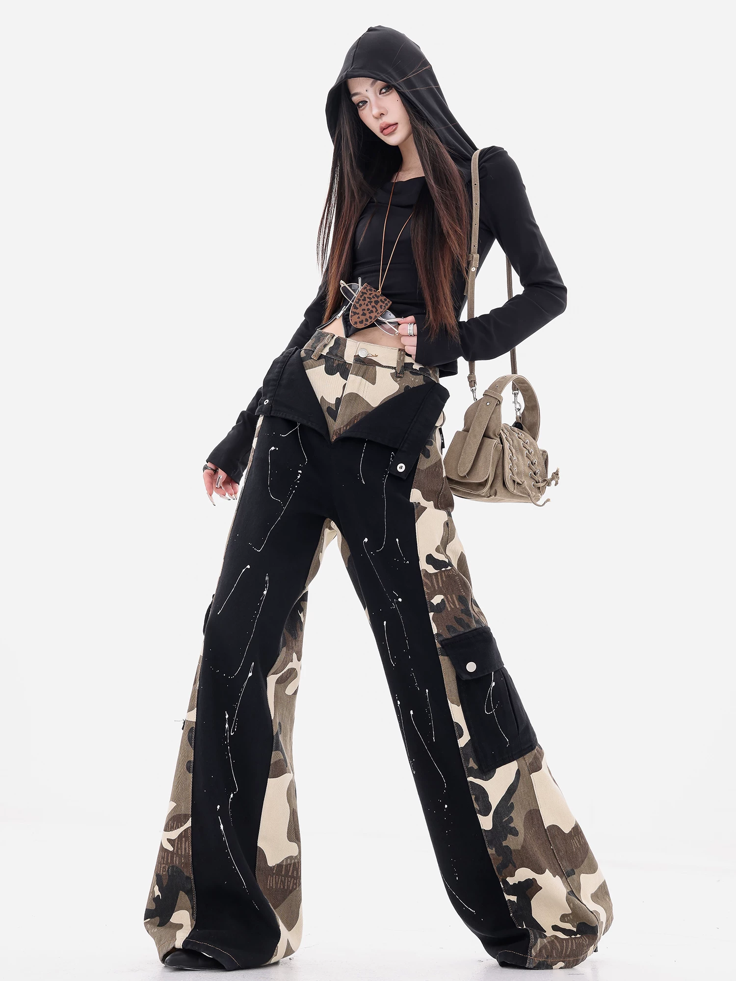 ABWEAR Fifth Street-Original 2025 Quần jean công sở phối họa tiết ngụy trang đầu thu Quần ống rộng dáng rộng dành cho nữ