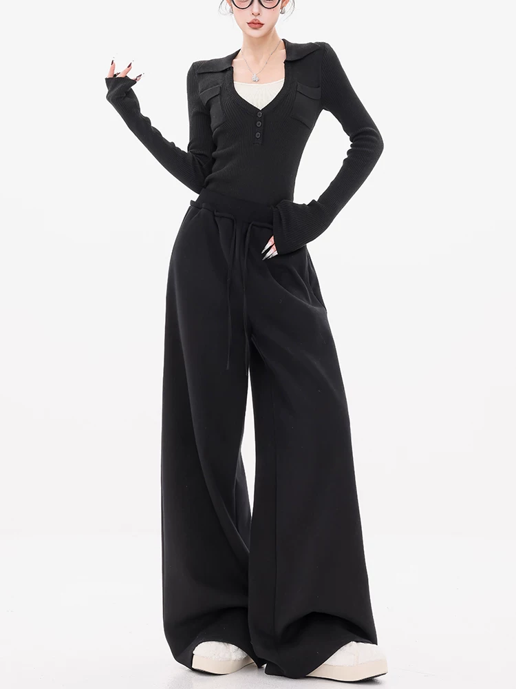 ABWEAR tin tức thời trang-quần dài thường ngày lưng thun màu đen phong cách Mỹ thu đông dành cho nữ 2025 quần thể thao ống rộng