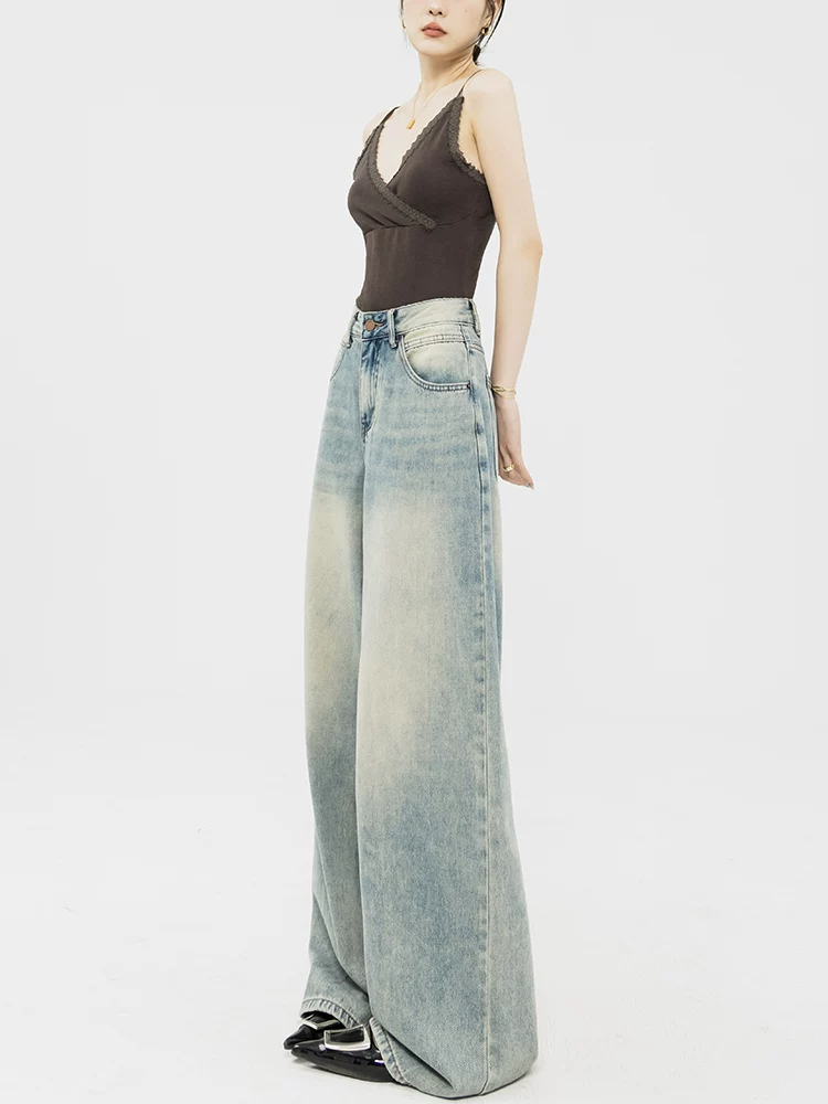 Quần jeans ống rộng kiểu retro mùa xuân thu mới 2025 của ABWEAR dành cho nữ, quần dài thẳng dáng rộng tôn dáng