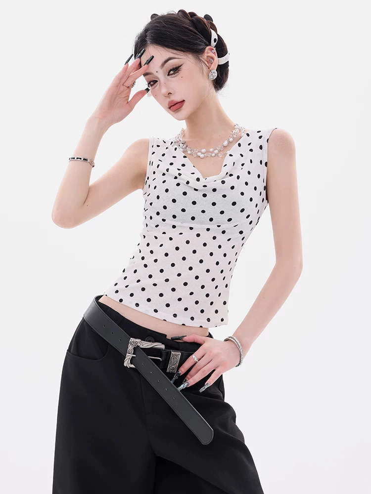 ABWEAR Tipsy Moment - Áo thun ngắn tay ôm sát eo, thiết kế chấm bi nguyên bản, kiểu dáng ôm sát eo, tay ngắn dành cho nữ