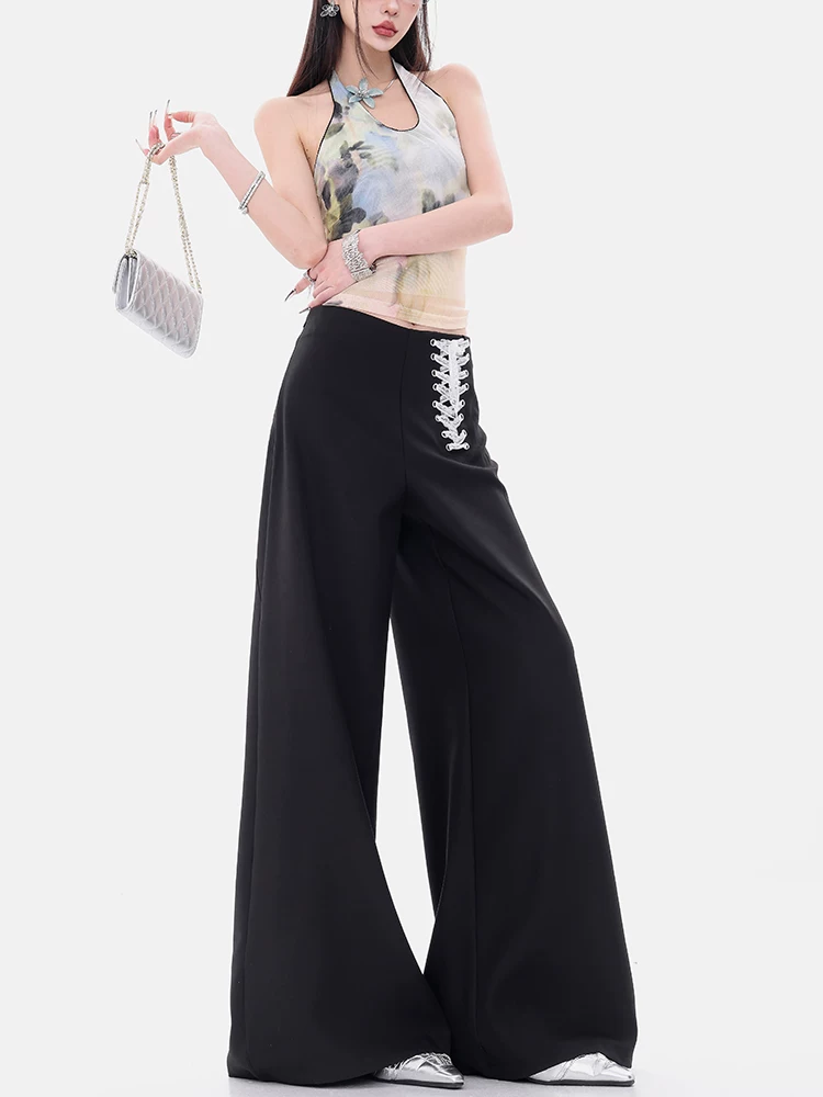 ABWEAR Elegant Echo - Quần vest thiết kế buộc dây nguyên bản dành cho nữ, quần thường ngày rộng rãi và đa năng cho mùa thu.