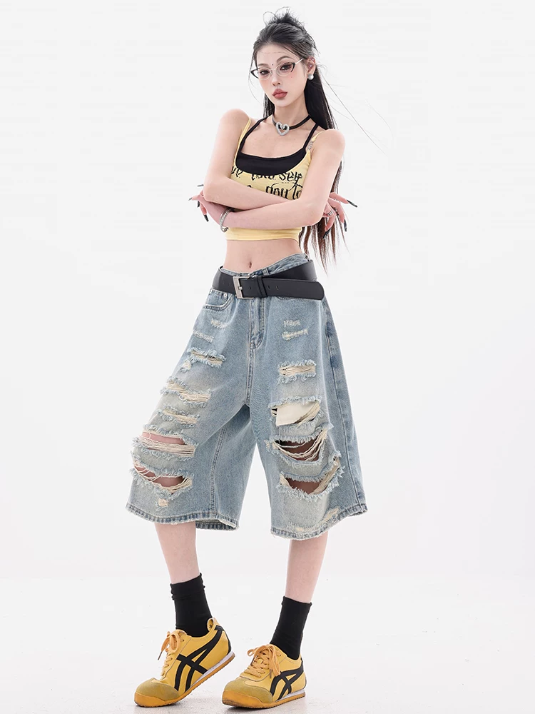 ABWEAR Street Summer - Quần short denim thiết kế theo phong cách đường phố Mỹ nguyên bản dành cho nữ, quần short năm điểm dáng rộng vừa vặn