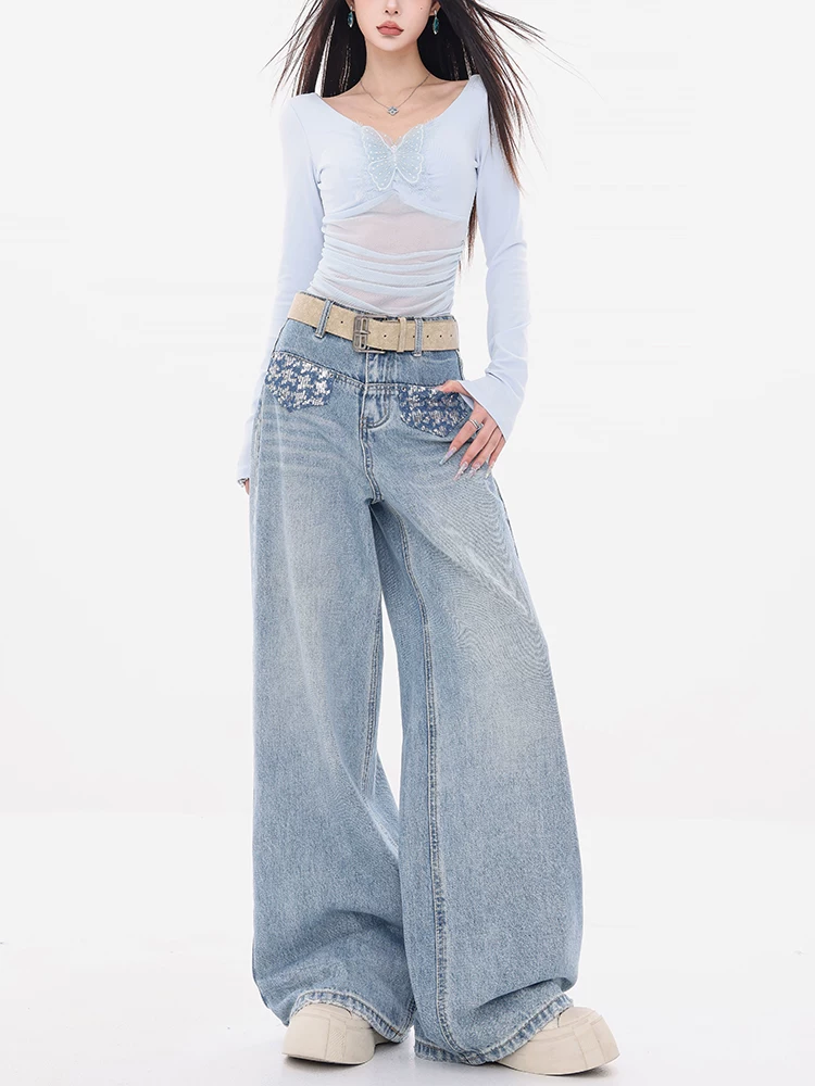 Quần Jeans ABWEAR Heart of the Ocean - Dòng Light Spring nguyên bản đính sequin dành cho nữ 2025, kiểu dáng rộng ống thẳng