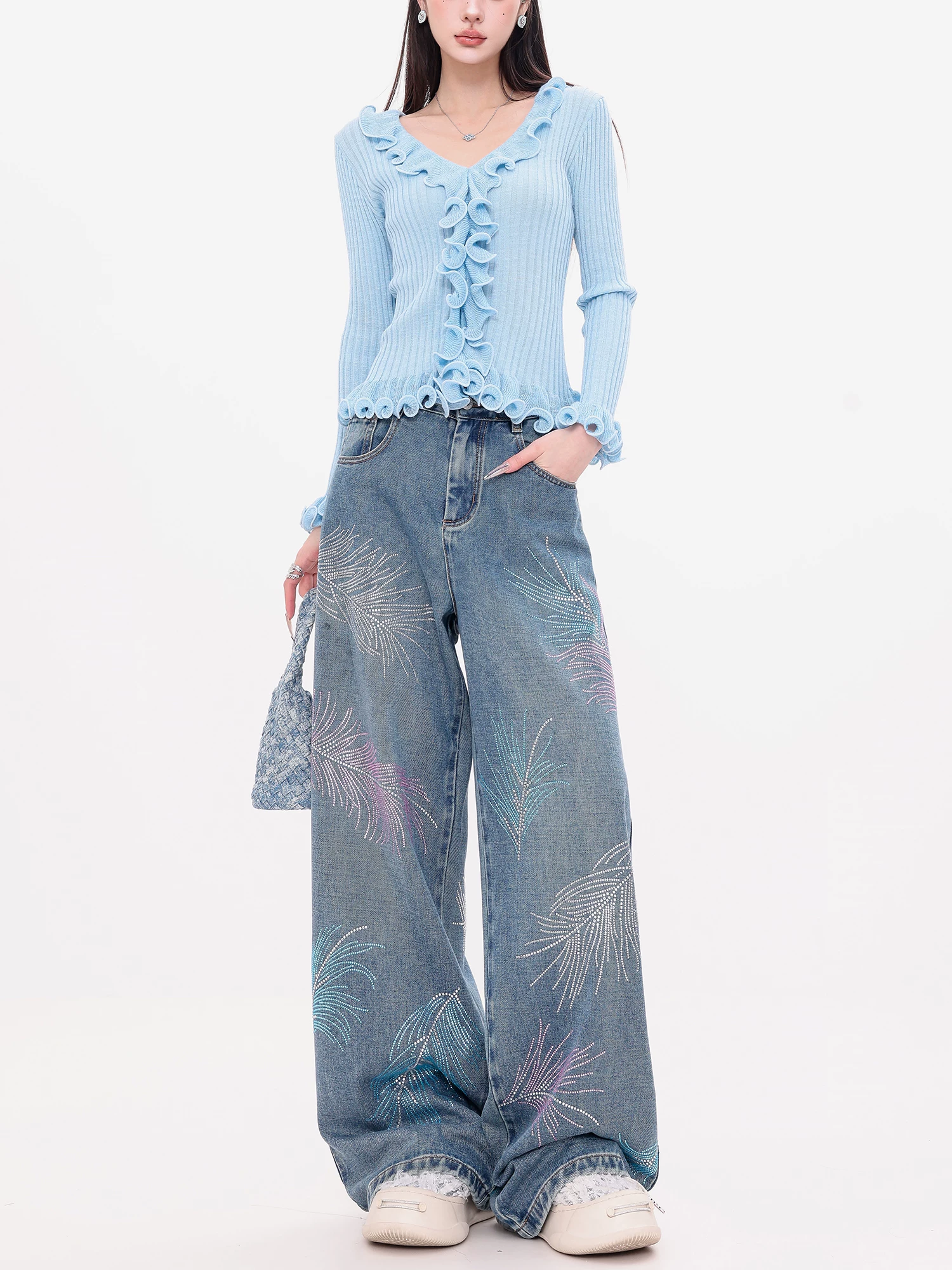 ABWEAR Dazzling Galaxy - Quần jean ống thẳng đính đá nhiều màu sắc nguyên bản dành cho nữ, quần ống rộng dáng rộng đính đá hình chiếc lá