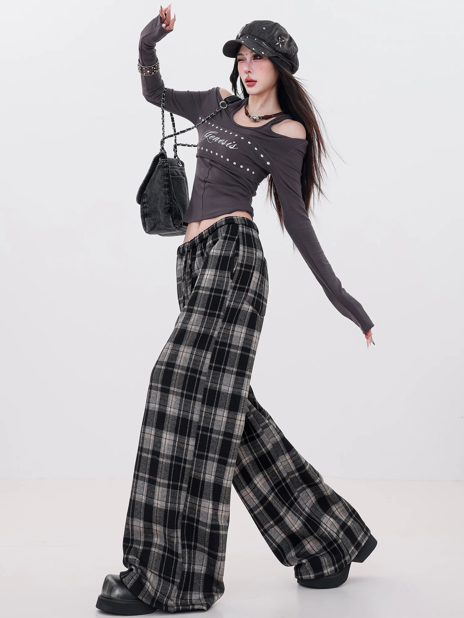 Quần ống rộng phong cách mùa đông ABWLR Velvet - Quần vải dạ kẻ ca rô lót lông cừu, kiểu dáng thường ngày dành cho nữ, mẫu mới 2025, đa năng, dáng thẳng