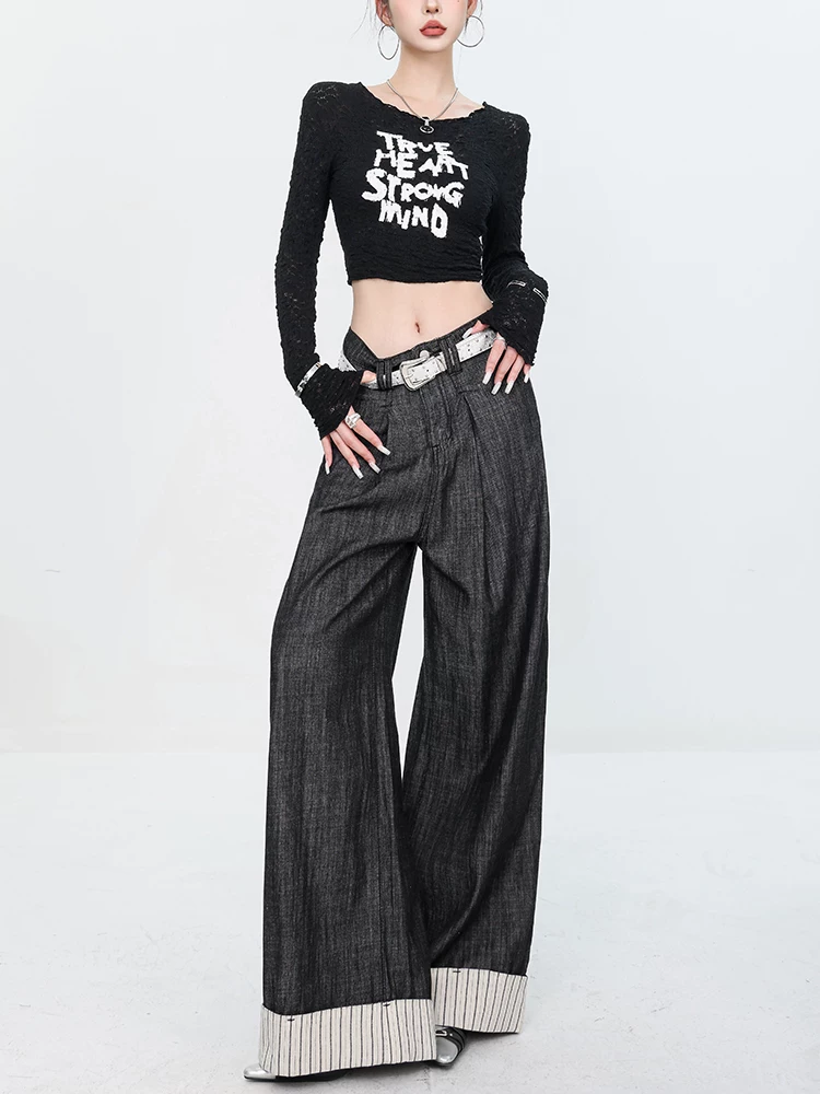 Quần Jeans Sọc Vá Chắp Màu Đen Nguyên Bản ABWEAR - Phân Biệt Giữa Thực Tế Và Ảo Tưởng - Mẫu Mới 2024, Quần Dài Rộng, Dáng Suông Cho Nữ