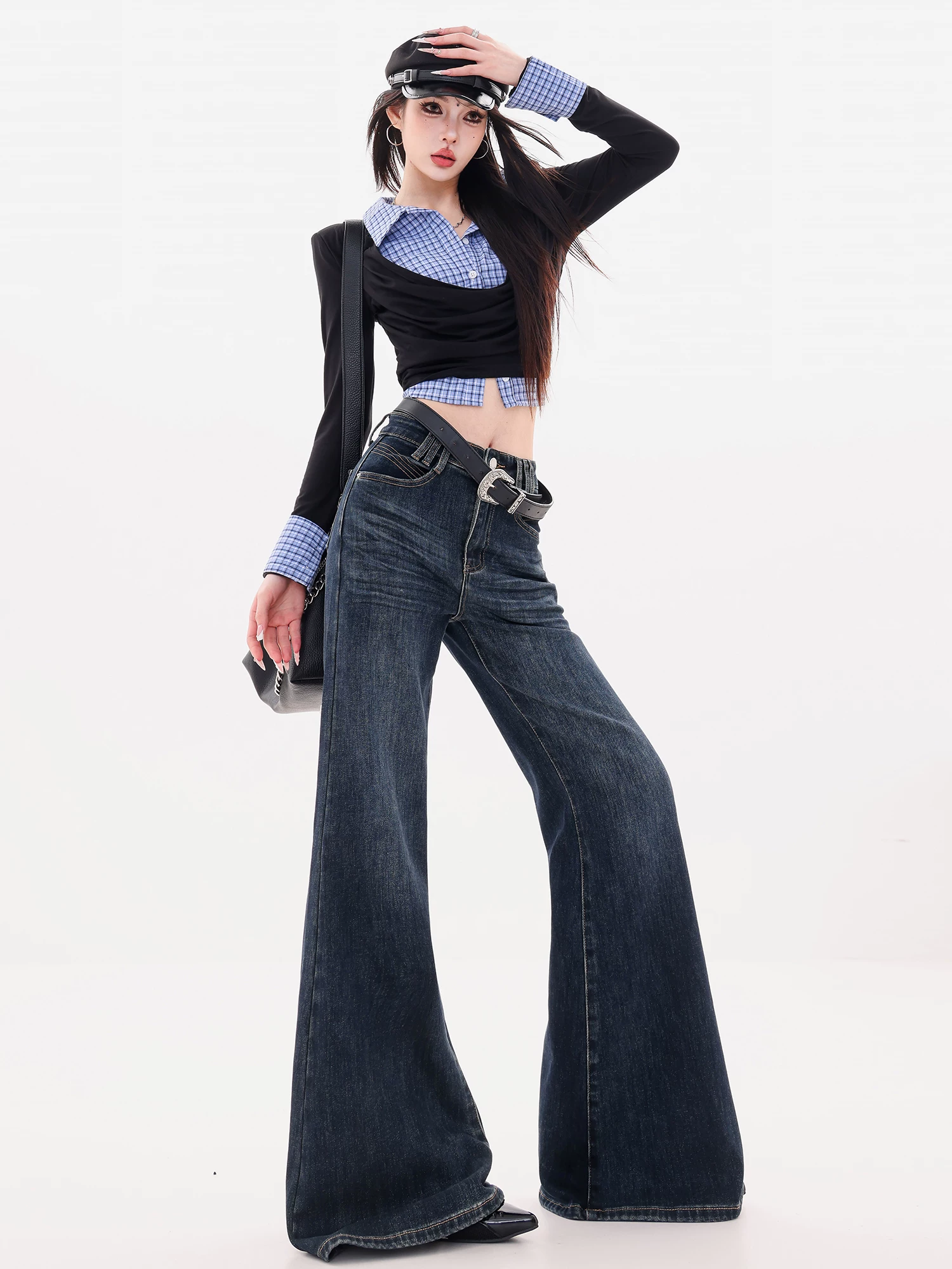 ABWLR Denim Wave - Quần jean ống loe hơi co giãn có lót lông cừu màu xanh nguyên bản dành cho nữ, kiểu dáng ôm vừa vặn, quần ống loe