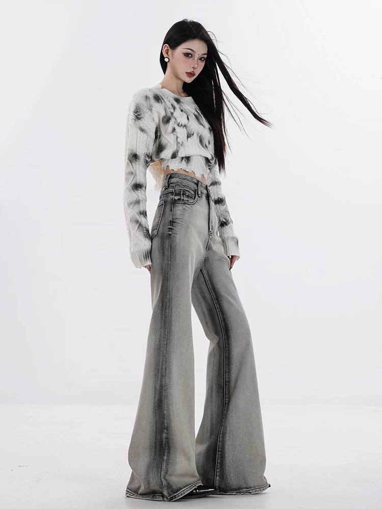 ABWAER Between the Real and the Illusory - Quần jean viền loe kiểu dáng ôm sát, màu ombre, chất liệu denim đã qua xử lý, dành cho nữ, kiểu dáng ôm sát, màu ombre