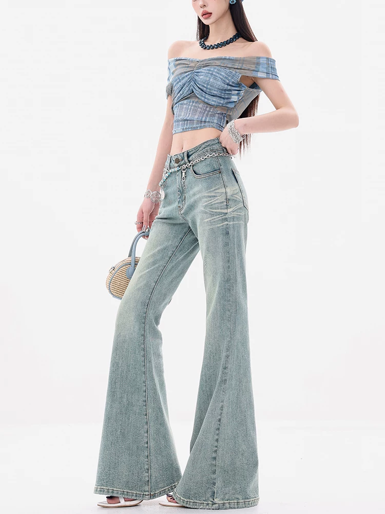 ABWEAR Blues Style - Quần jean ống loe eo thấp nguyên bản dành cho nữ, ôm vừa vặn, quần ống loe đa năng