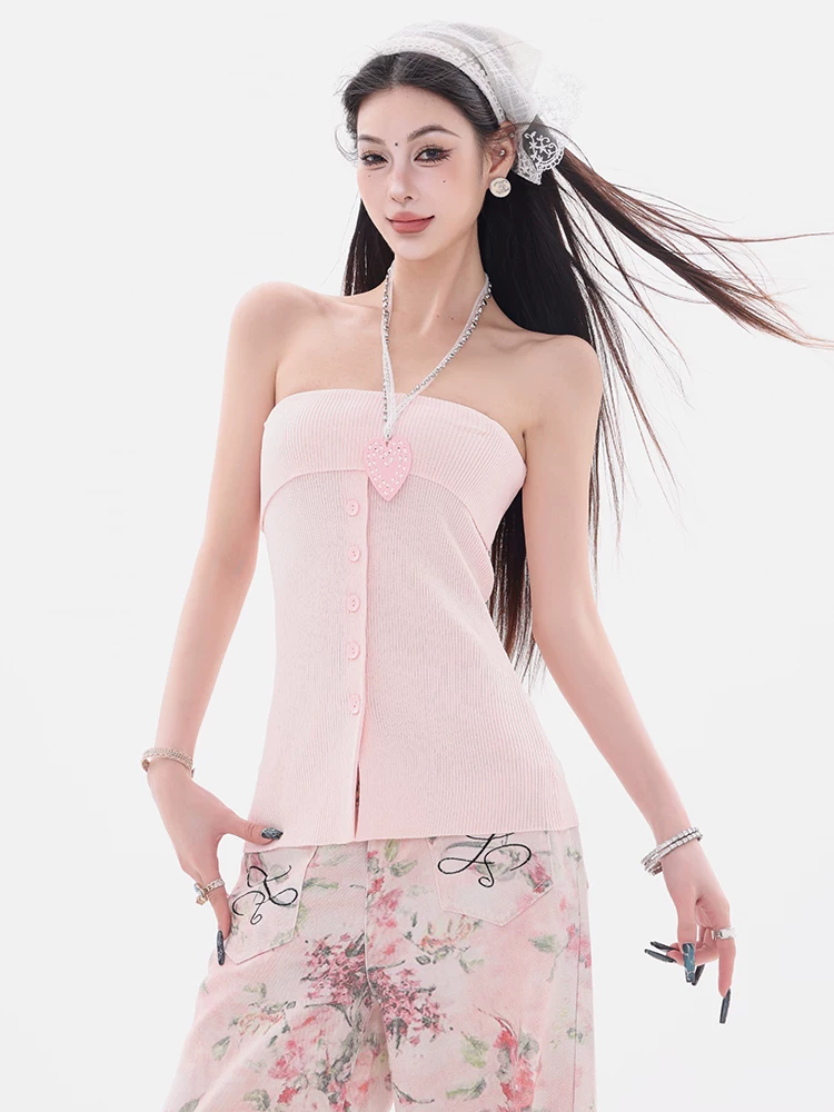 ABWEAR Chunyeo Senhui-Original Hot Girl Off-Shoulder Tube Top Áo vest dệt kim có nút mới mùa hè dành cho nữ