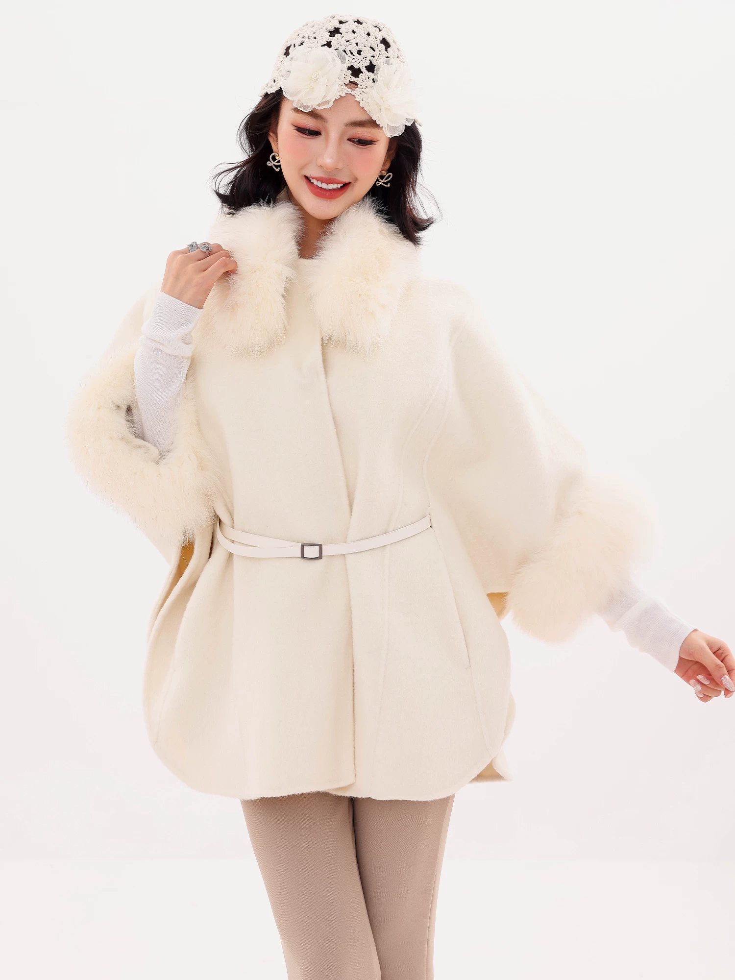 ABWLR Overseas Daughter - Áo khoác len cổ lông cáo phong cách Hàn Quốc nguyên bản dành cho nữ, mùa thu đông, lông len hai mặt có thể tháo rời