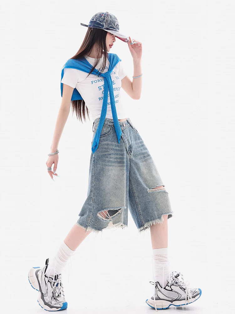 ABWEAR Sea Salt Soda - Quần short denim viền xù kiểu dáng cũ kỹ dành cho nữ, lưng cao, dáng rộng, quần short năm điểm dáng rộng giúp thon gọn