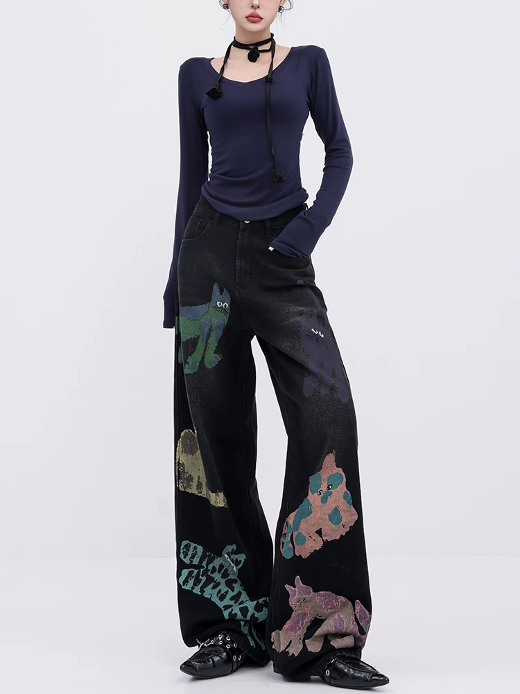ABWEAR Quirky Player - Quần jean graffiti màu đen nguyên bản dành cho nữ Quần ống rộng họa tiết mèo hoạt hình đầu thu Quần ống thẳng