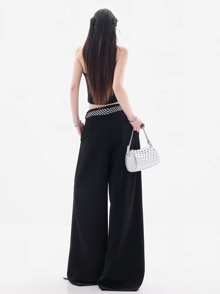 ABWEAR Set Art - Quần đen dáng rộng, phong cách thường ngày dành cho nữ, mẫu mới 2025, quần ống rộng thẳng, chất liệu như gạo nếp