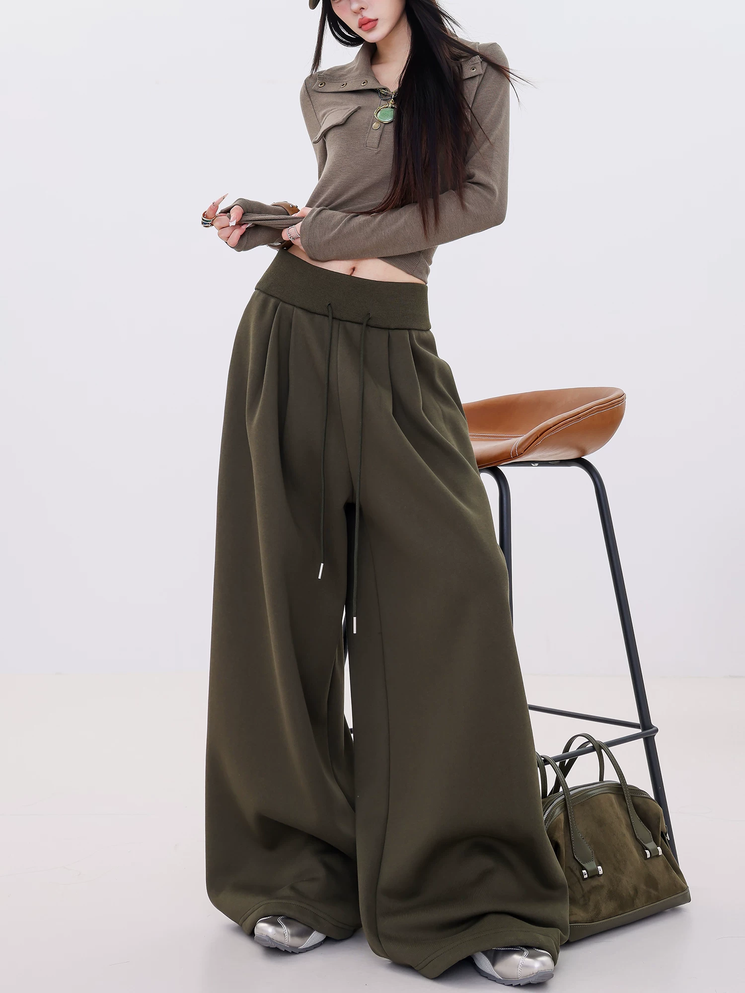 ABWLR Slow Life - Quần thể thao ống rộng có dây buộc kiểu dáng lười biếng nguyên bản có lót lông cừu dày dành cho nữ với quần thường ngày có hiệu ứng xếp nếp