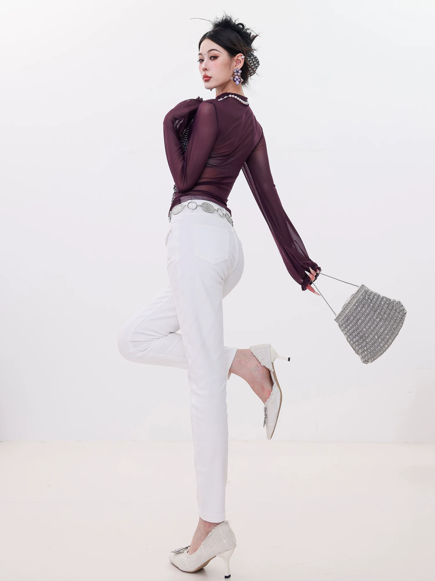 ABWLR Light Mature Style - Quần jean lót lông cừu màu trắng nguyên bản dành cho nữ, dài chín phần mười, ôm vừa vặn, quần baguette nhỏ nhắn