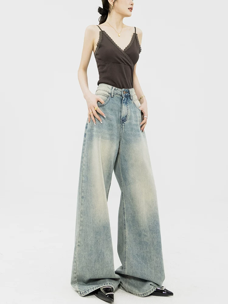 Quần jeans ống rộng kiểu retro mùa xuân thu mới 2025 của ABWEAR dành cho nữ, quần dài thẳng dáng rộng tôn dáng