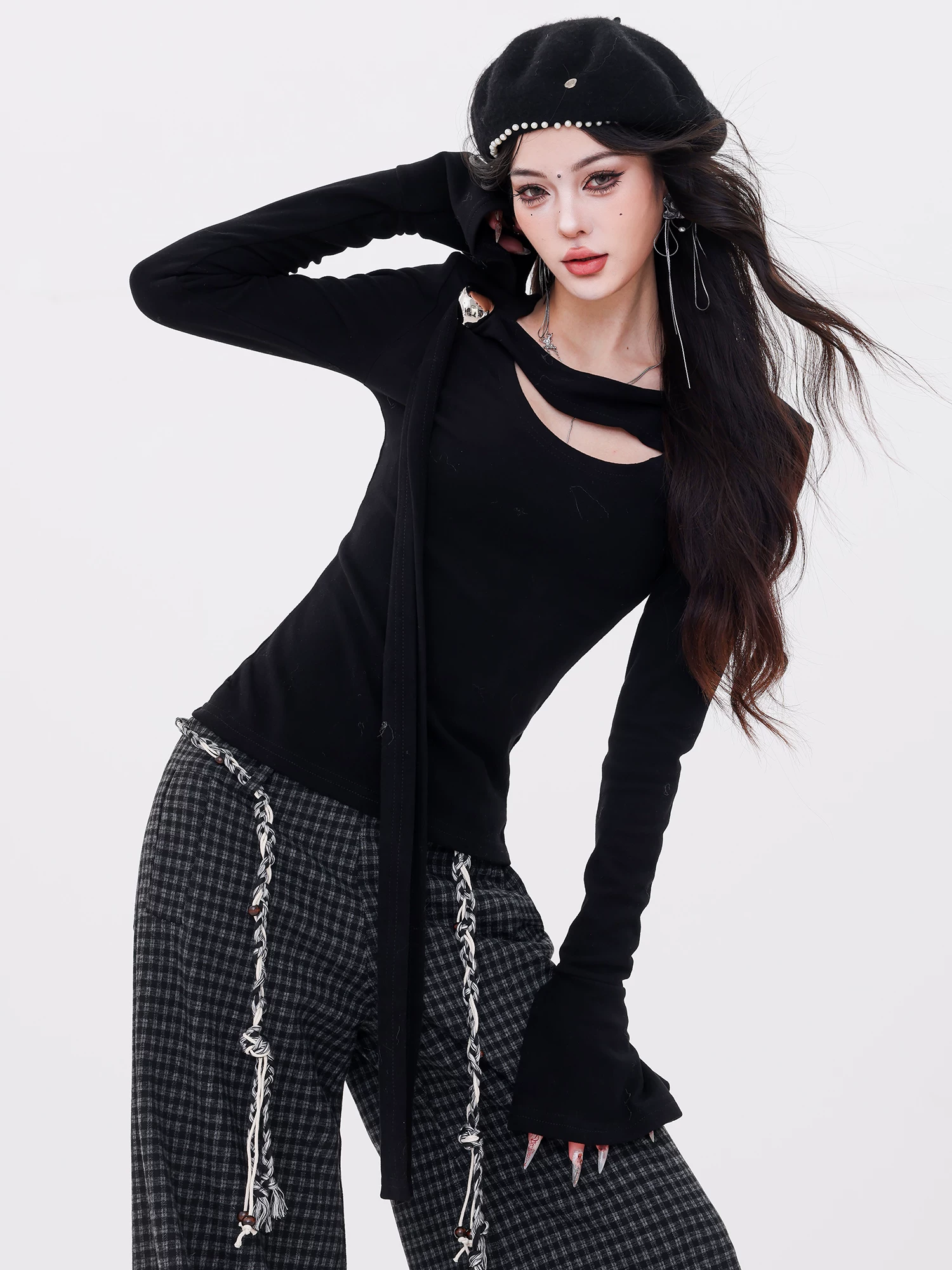 ABWLR Romanticism - Áo thun dài tay có dây ruy băng bất đối xứng theo phong cách retro nguyên bản của Pháp dành cho nữ, áo thiết kế ôm vừa vặn