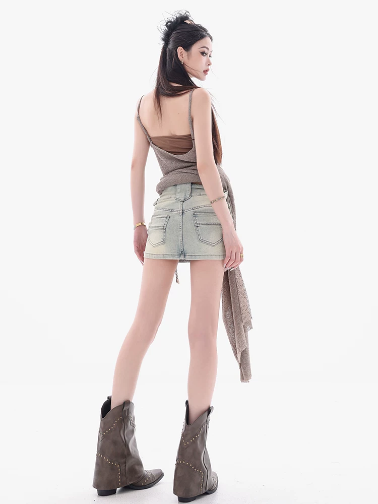 ABWEAR Rhine River-side - Váy ngắn denim phong cách hot girl cổ điển của Mỹ dành cho nữ, váy ngắn ôm hông đa năng