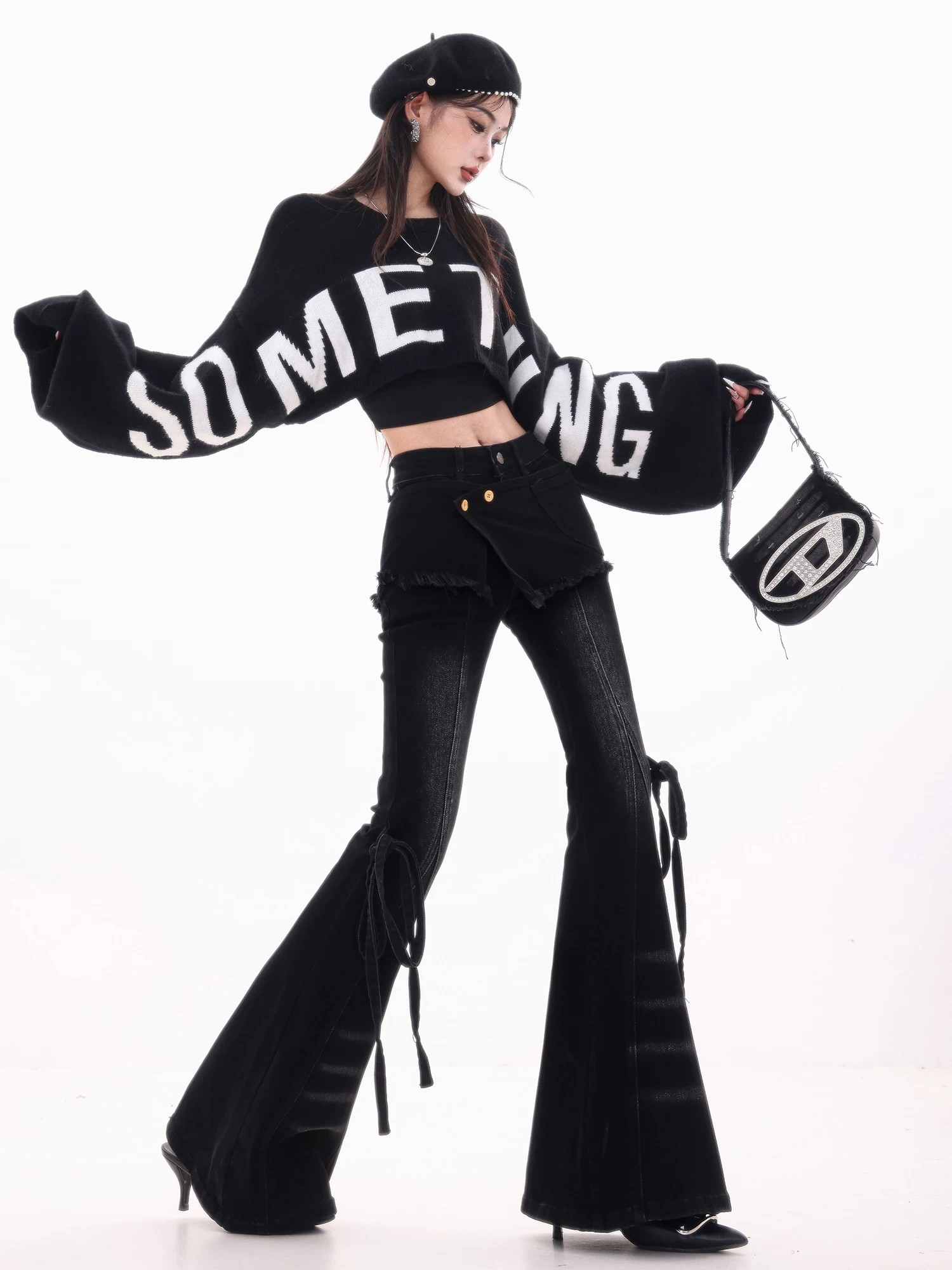 ABWLR Layered Party - Quần jean ống loe màu đen có lót lông cừu có nơ nguyên bản dành cho nữ, quần ống loe cạp cao giúp giảm béo