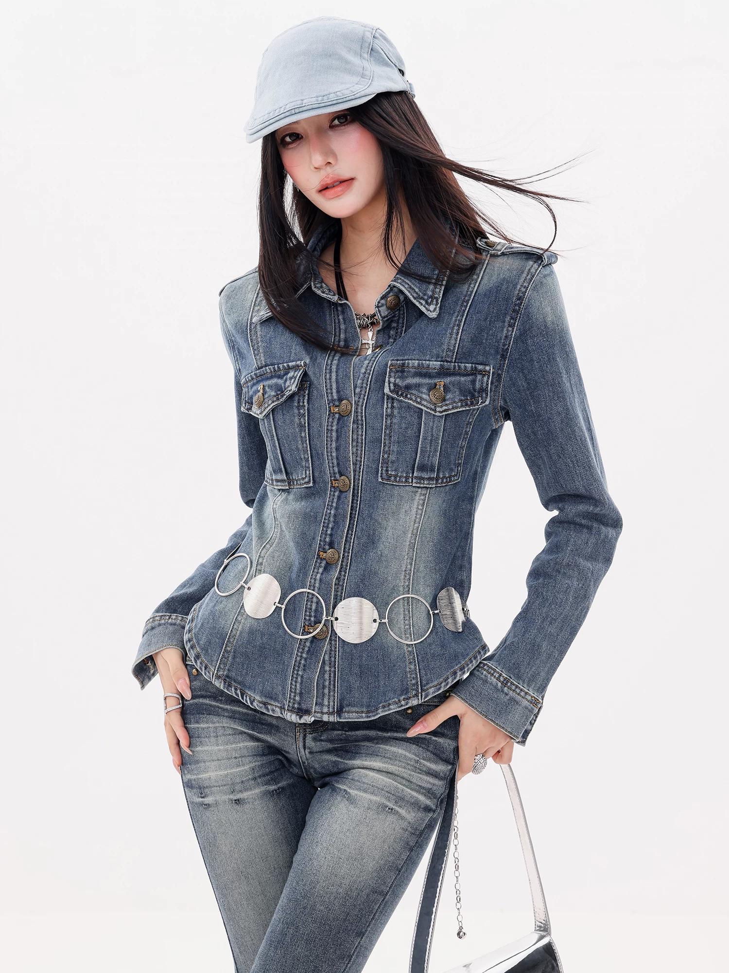 ABWLR Victoria Harbor Memory - Áo khoác denim có ve áo màu xanh nguyên bản dành cho nữ, áo sơ mi ngắn vừa vặn mới dành cho mùa thu đông