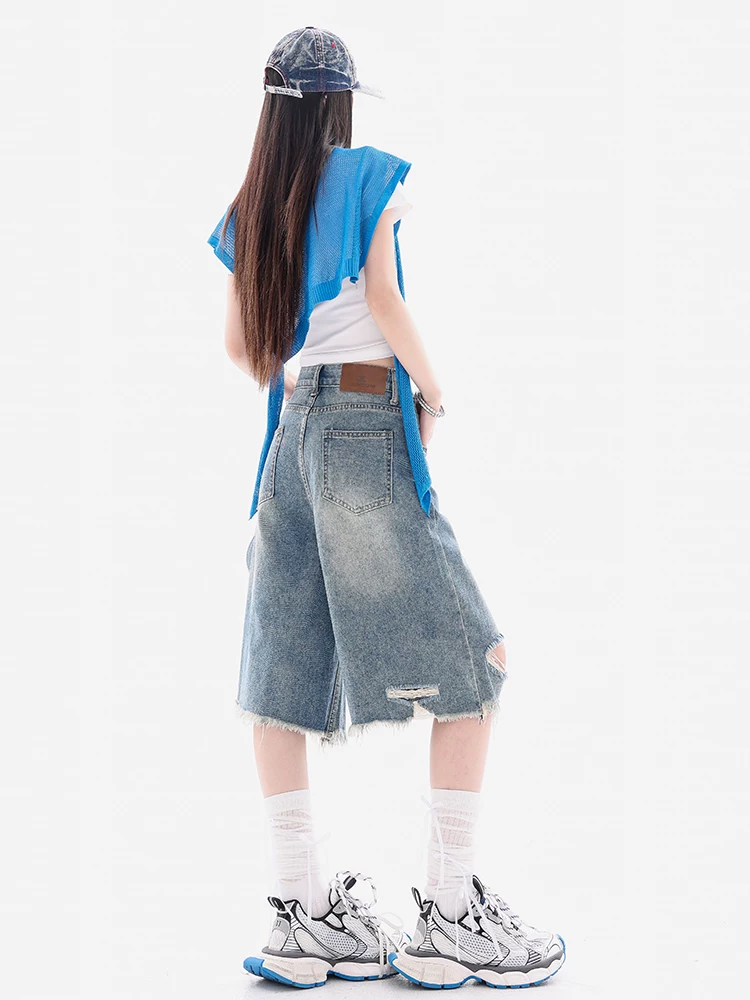ABWEAR Sea Salt Soda - Quần short denim viền xù kiểu dáng cũ kỹ dành cho nữ, lưng cao, dáng rộng, quần short năm điểm dáng rộng giúp thon gọn