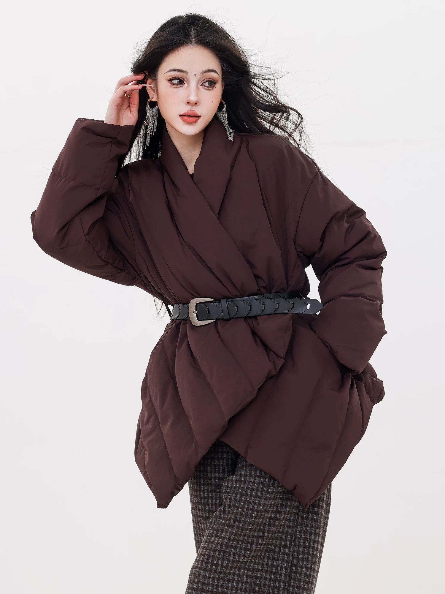 ABWLR Deep Winter Story - Áo khoác có dây buộc thiết kế nguyên bản dành cho nữ, phong cách mùa đông mới, ôm eo, giảm béo, áo khoác ấm áp