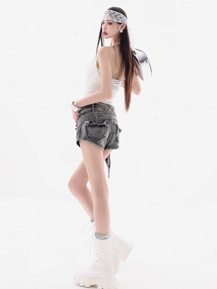ABWEAR Hot Plan - Quần short denim cổ điển hạng nặng nguyên bản dành cho nữ, lưng cao, giảm béo, quần short ống rộng đa năng, quần short nóng bỏng