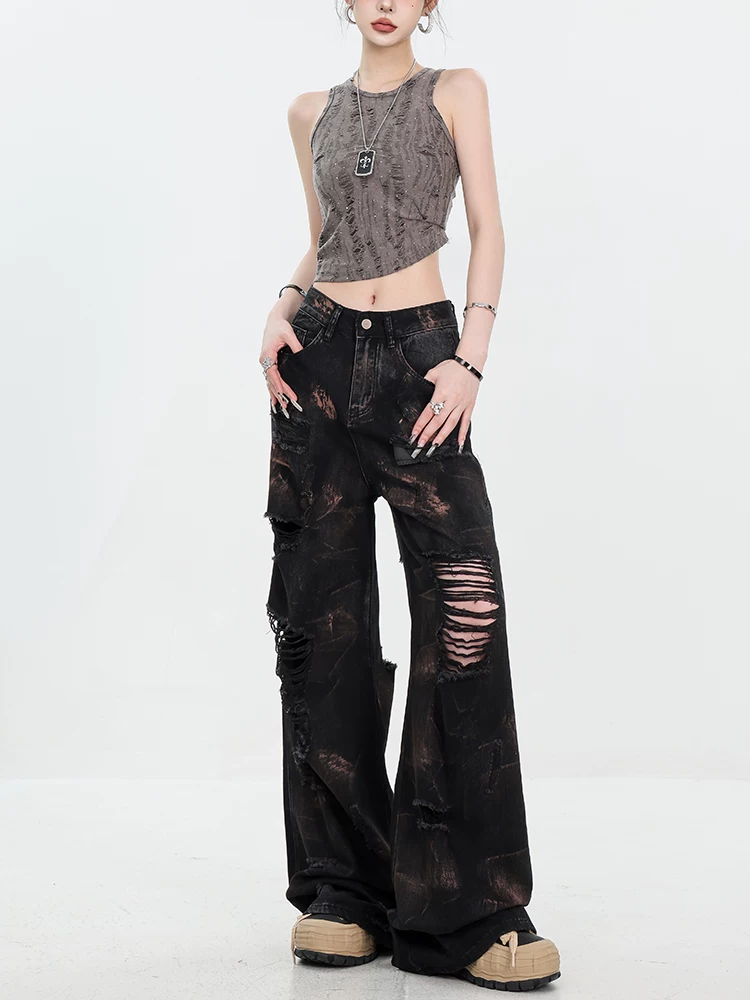 Quần jean rách kiểu cổ điển nặng bền, được xử lý làm cũ của ABWEAR dành cho nữ, quần ống rộng thẳng kiểu graffiti mùa hè mới