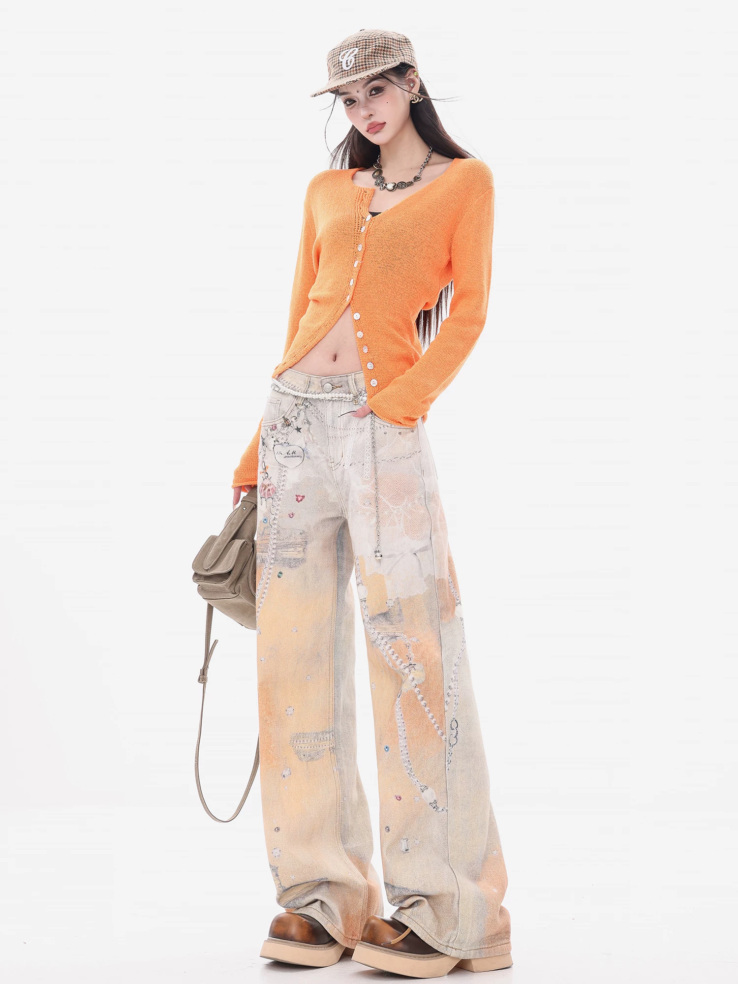 ABWEAR Sunset Island - Quần jean dài đến sàn kiểu Hàn Quốc nguyên bản in họa tiết gradient, cạp cao, dáng ôm, tôn dáng