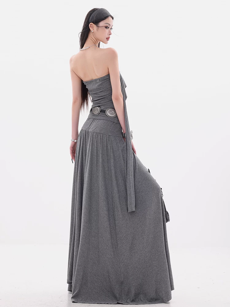 ABWEAR Holiday Chanson - Bộ áo thun dài tay trễ vai phong cách lười biếng nguyên bản và váy dài hai mảnh dành cho nữ