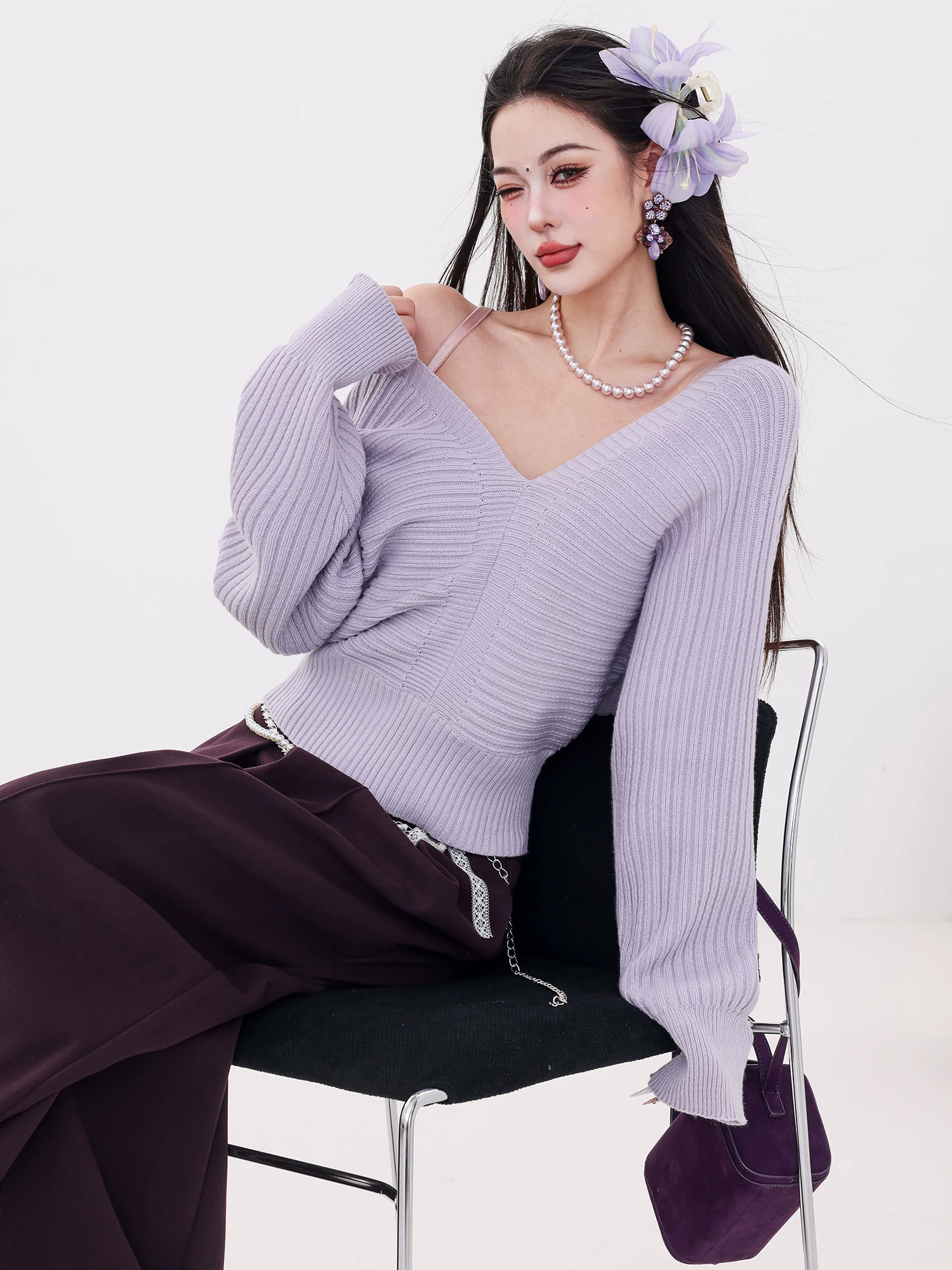 ABWLR Cinderella - Áo len dệt kim cổ chữ V kiểu Pháp nguyên bản dành cho nữ, dáng ôm, áo đa năng