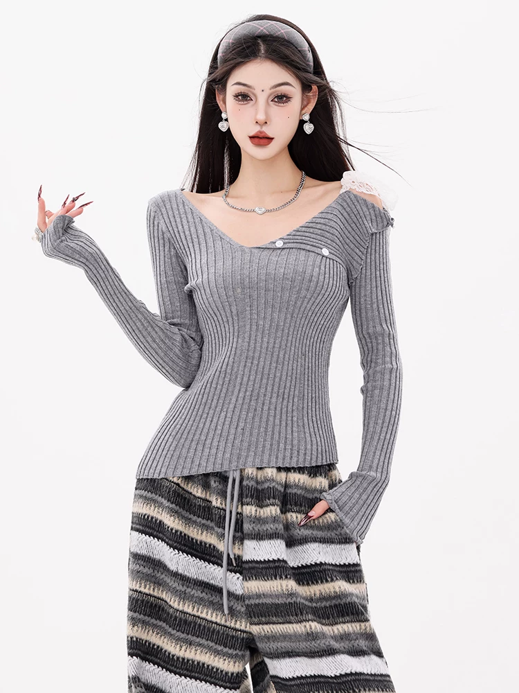 ABWEAR Maple Leaf Love Letter - Áo len dệt kim dài tay có cổ lệch vai bất đối xứng nguyên bản dành cho nữ, áo kiểu dáng ôm vừa vặn mới cho mùa thu đông